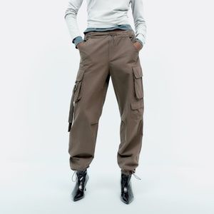 Zara Multipocket Parachute Pants in Taupe Brown